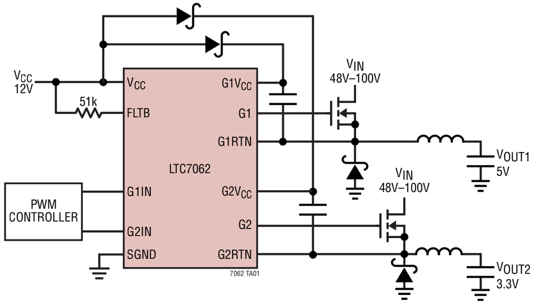 Application Circuit Diagram - Analog Devices Inc. LTC7062 Dual High-Side MOSFET Gate Driver IC