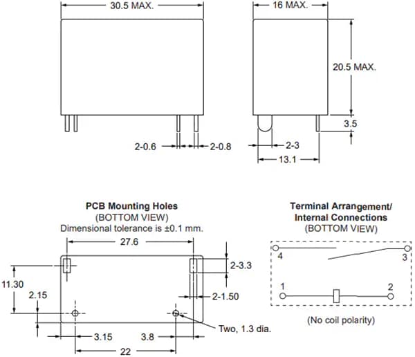 Mechanical Drawing - Omron Electronics G6QG PCB Power Relays