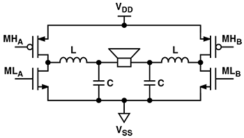 Differential switching output stage and LC low-pass filter