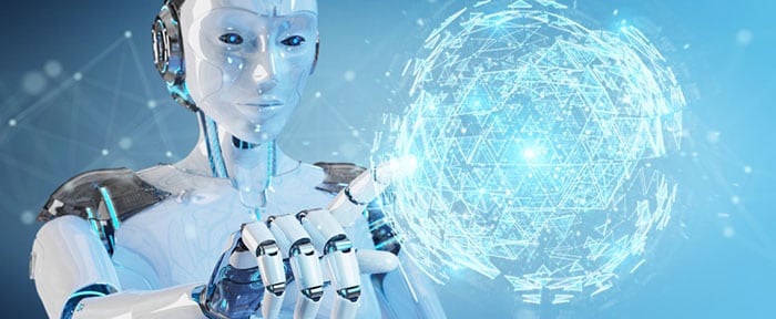 robot raising a finger to poke globe of light made by tons of tiny triangles